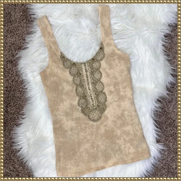 ๐SOLD๐Free People Beaded Secret Heart Tank Top Gold Embellishments Size Small - Picture 2 of 10
